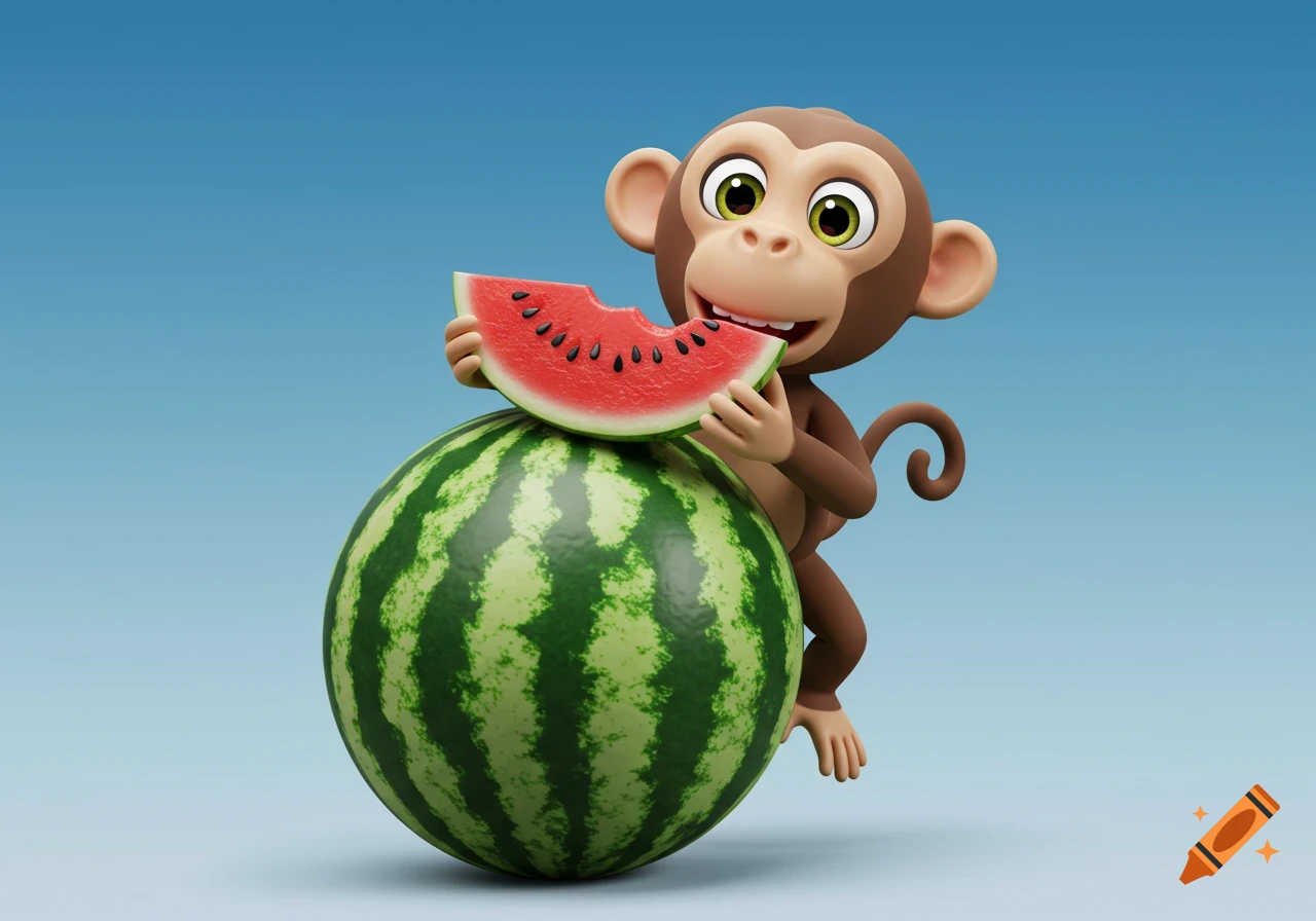 A cute 3D cartoon monkey sits on a watermelon, holding and eating a slice.