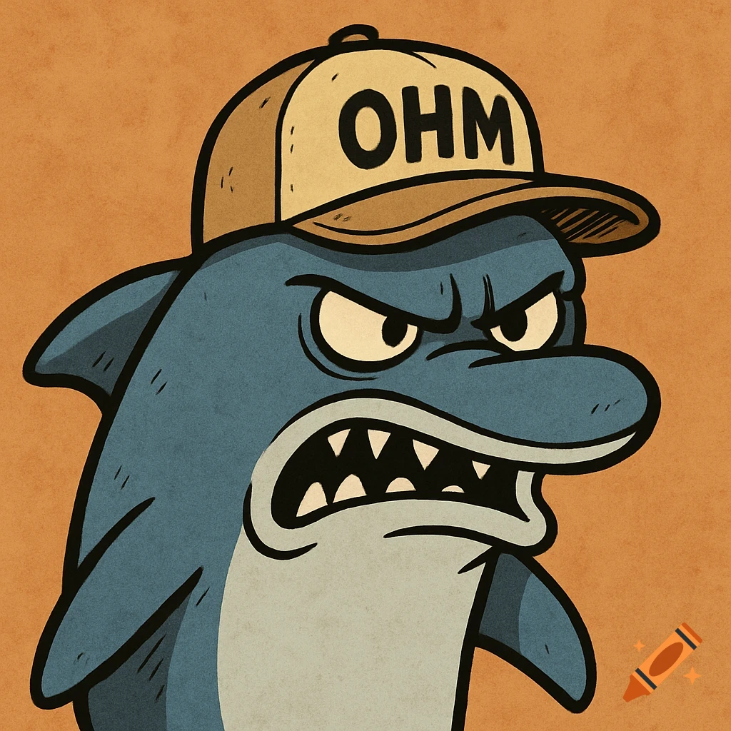 Angry cartoon shark wearing a hat that says OHM