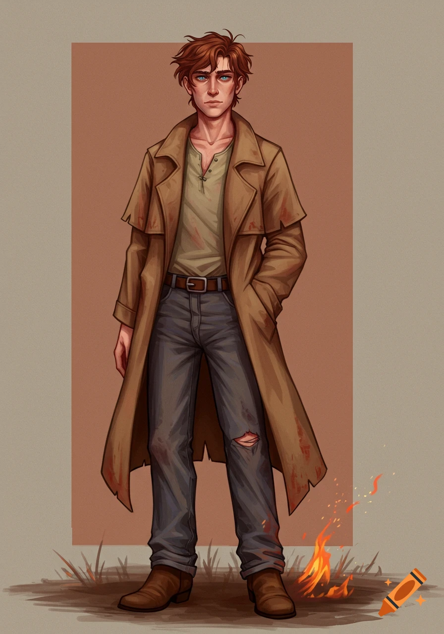 A young man in a brown duster coat and ripped jeans stands near a fire in a digital illustration.
