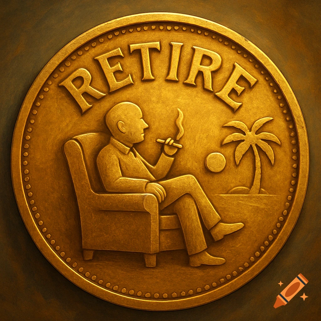 Gold coin with 'RETIRE' and a scene of a man sitting in a chair on a beach.