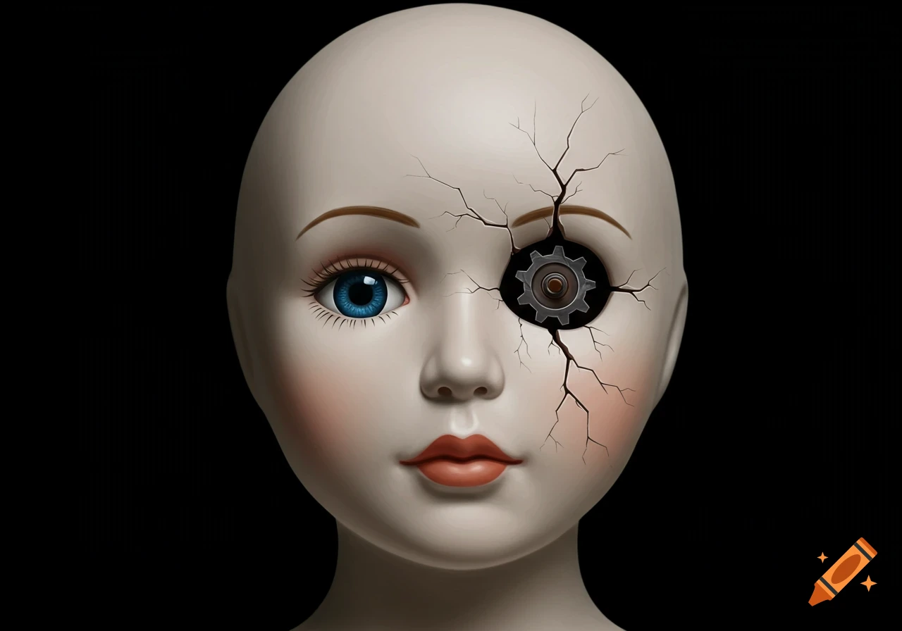Cartoon illustration of a cracked doll head with a gear visible through a crack.