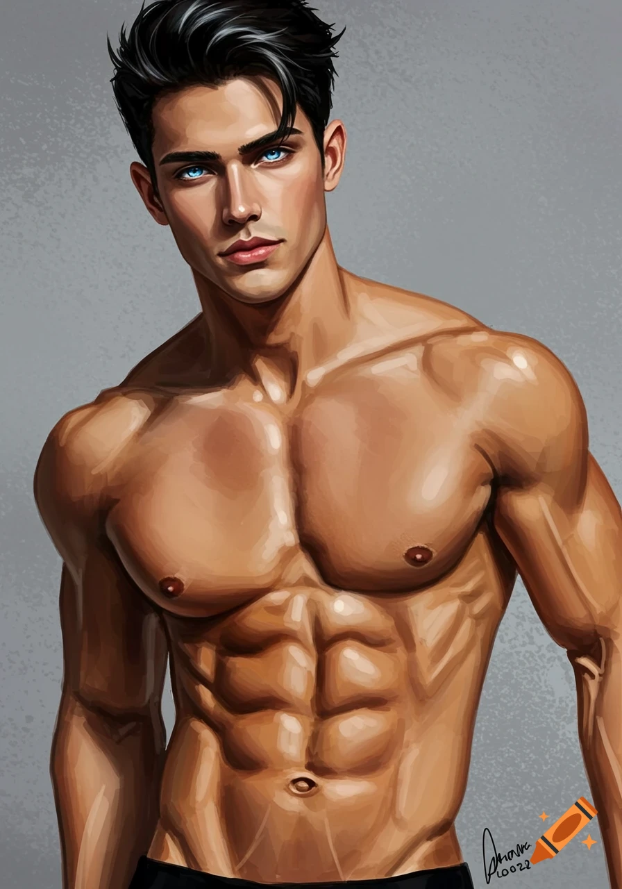A digital painting portrait of a muscular man with blue eyes and defined abs.