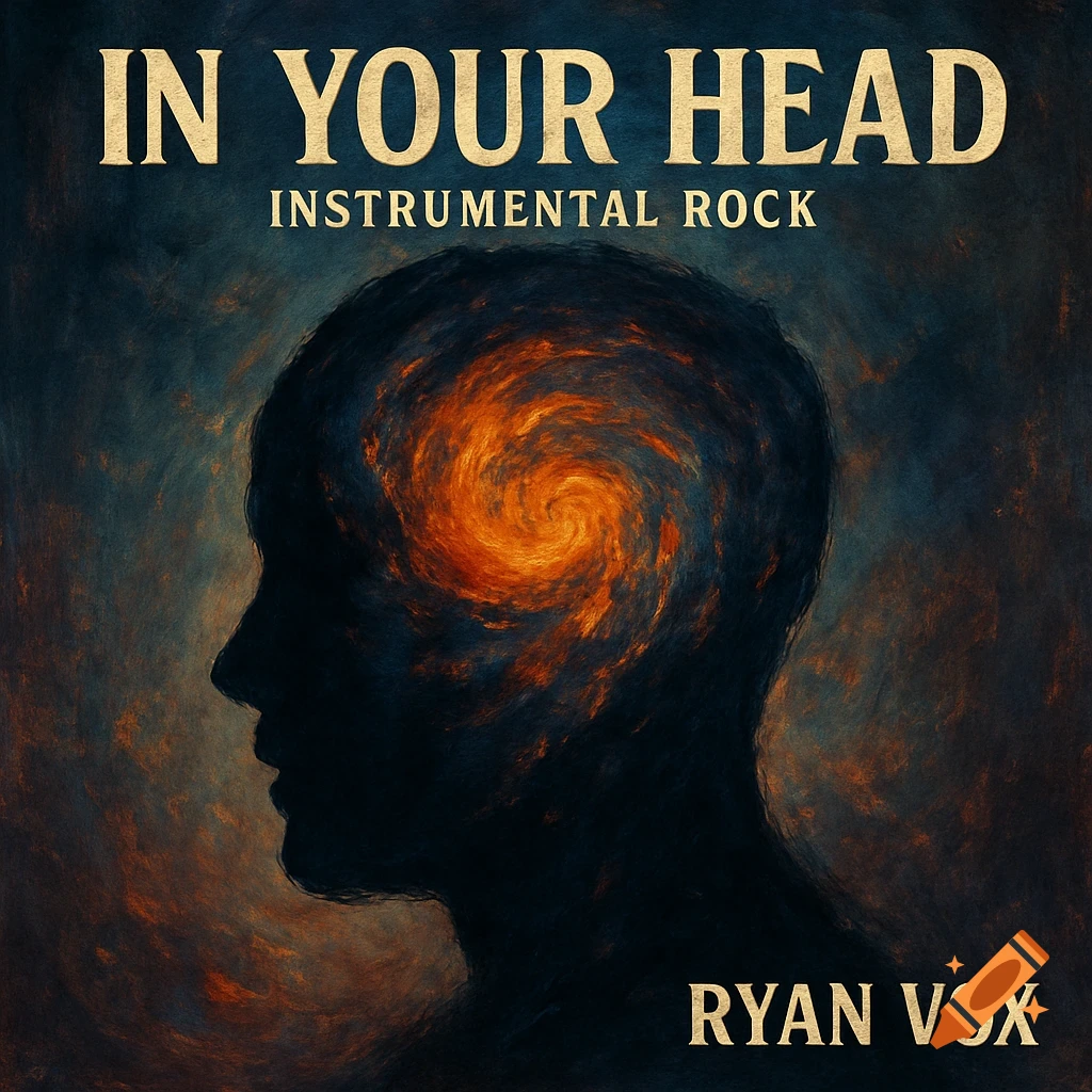 Album cover art featuring a dark profile silhouette of a head with an orange and yellow swirling galaxy or nebula pattern inside, against a dark, textured background. Text reads: IN YOUR HEAD INSTRUMENTAL ROCK RYAN VOX.