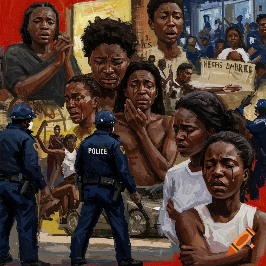 Painting of distressed people and police during a protest