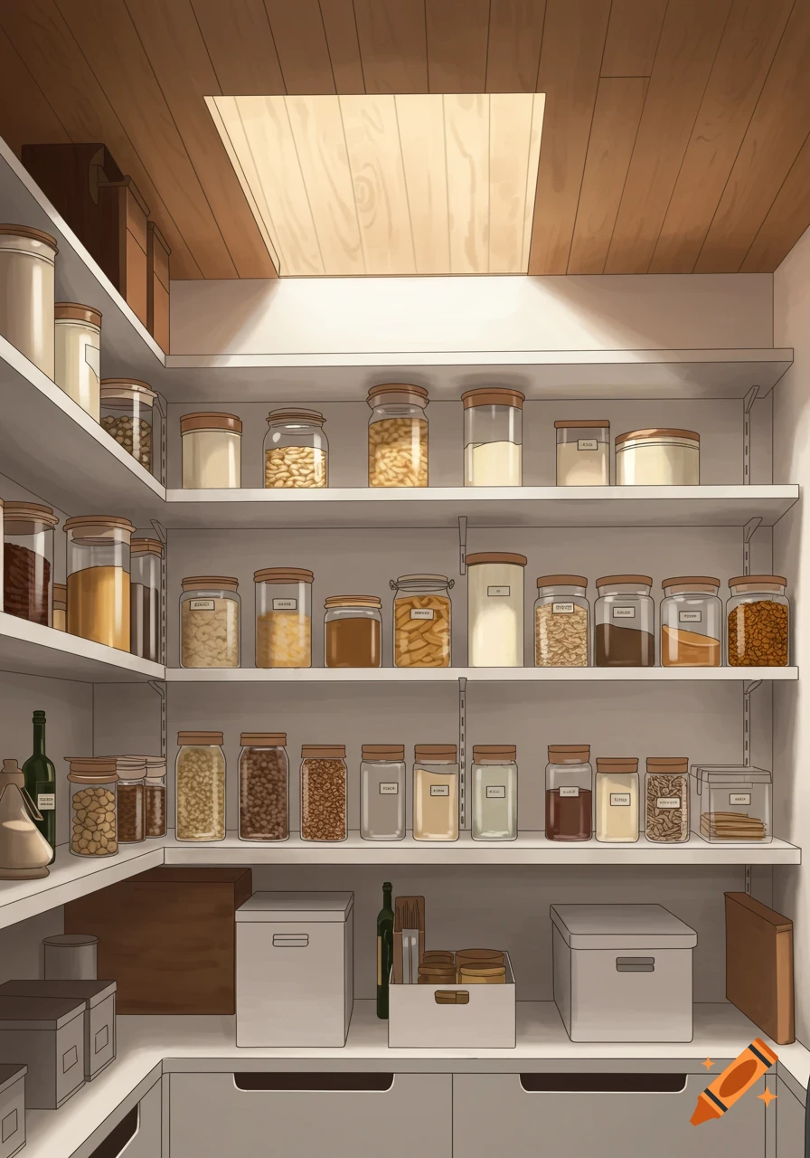A well-organized kitchen pantry filled with jars of food on shelves.