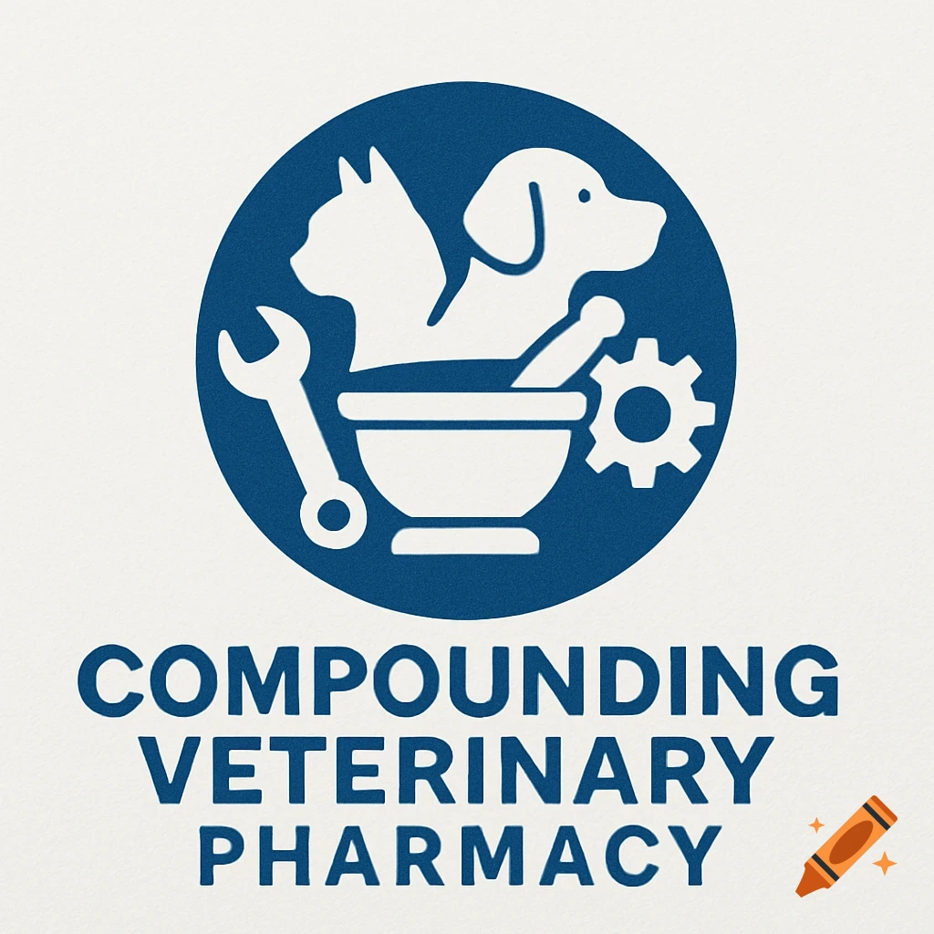 Blue and white logo for a compounding veterinary pharmacy featuring a cat, dog, mortar and pestle, wrench, and gear inside a circle above the words "COMPOUNDING VETERINARY PHARMACY".