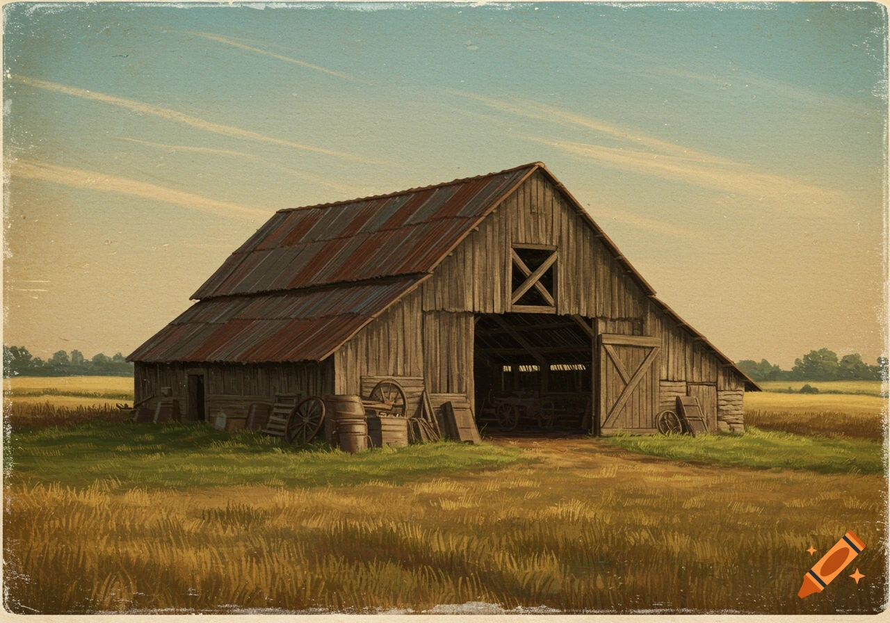 Painting of a rustic wooden barn in a field under a bright sky.