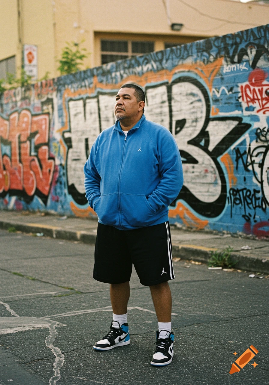 A man stands in front of a graffiti-covered wall, wearing a blue sweatshirt, black shorts, and high-top sneakers.
