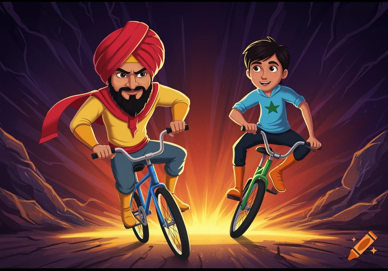 Cartoon illustration of a man and a boy riding bicycles towards the viewer against a dynamic background.