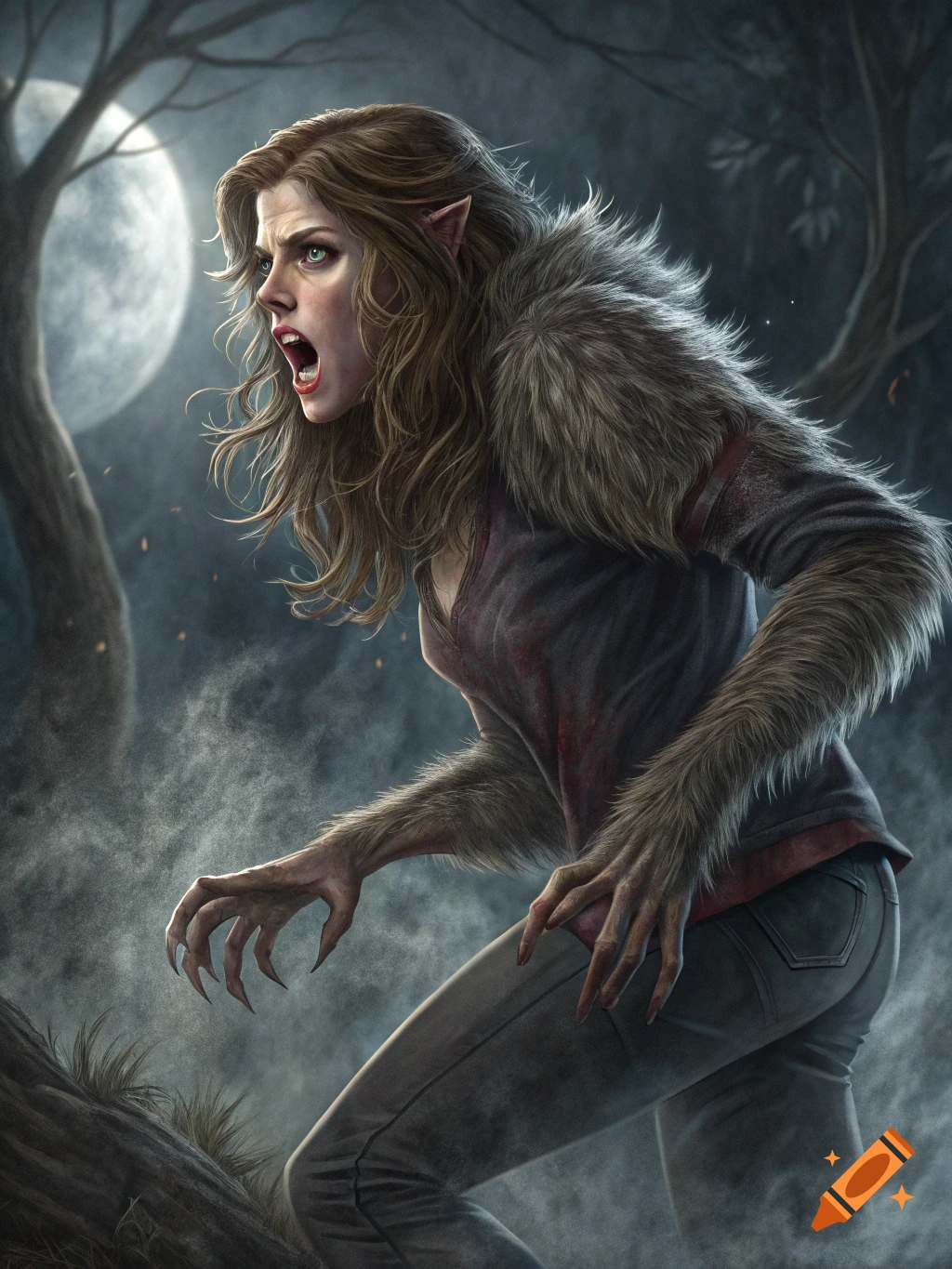 A woman transforming into a werewolf howls under a full moon in a forest.