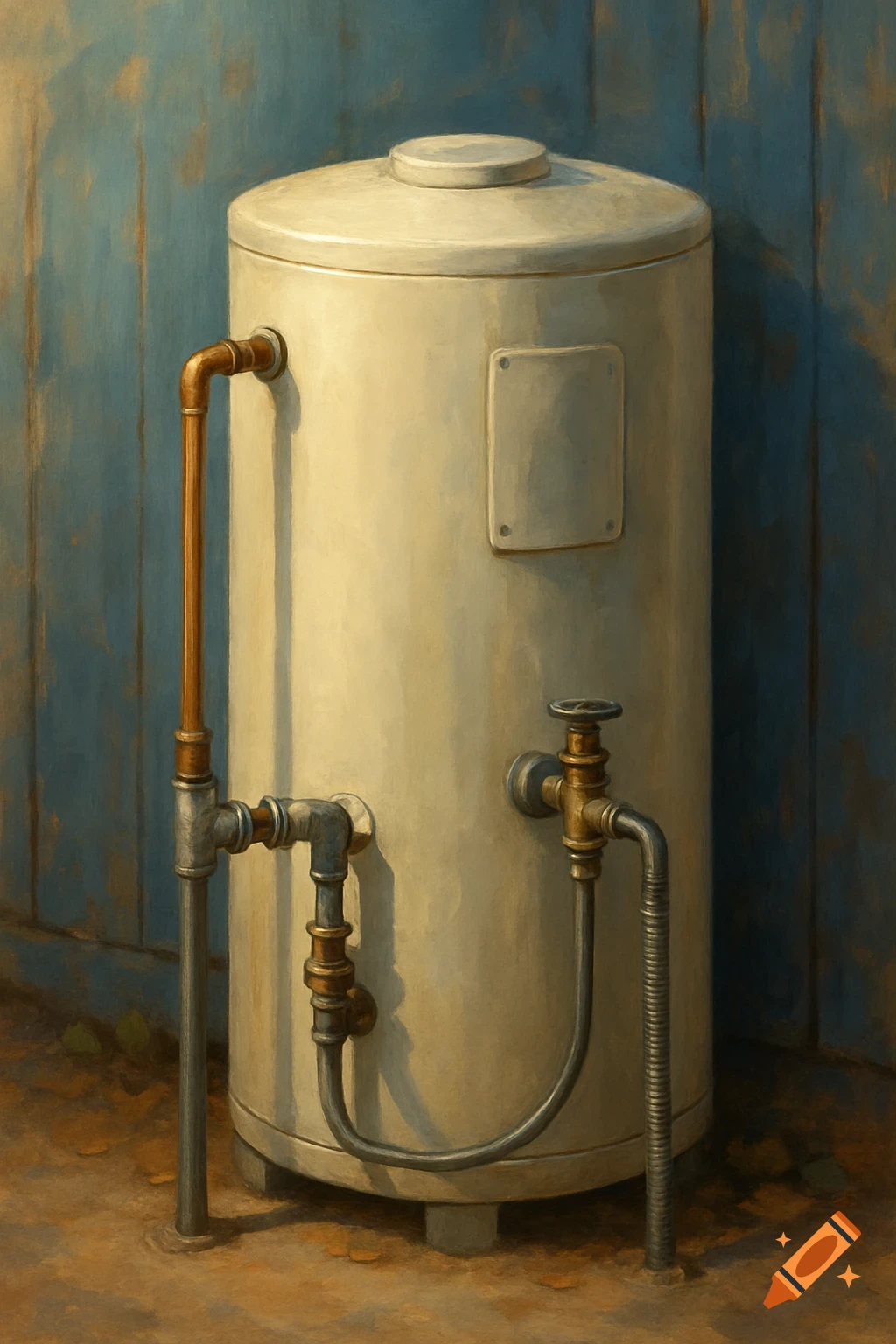 A hot water tank with pipes and valves against a blue wall, painterly style.
