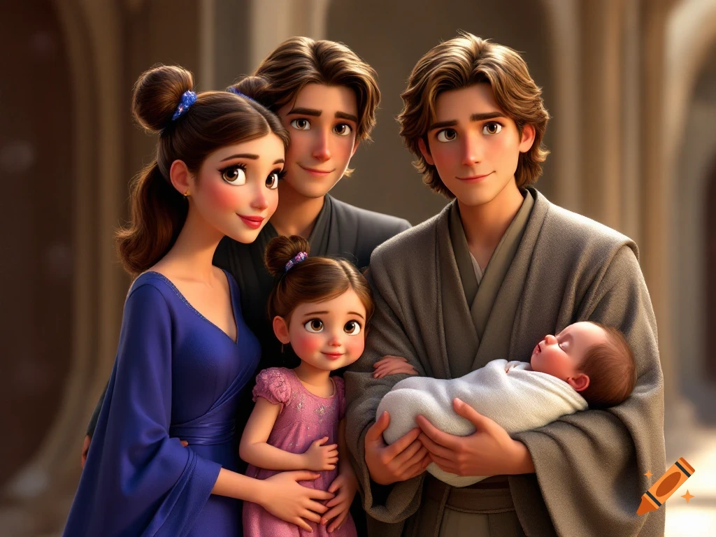 Animated portrait of a family: parents, a toddler, a girl, and a baby.