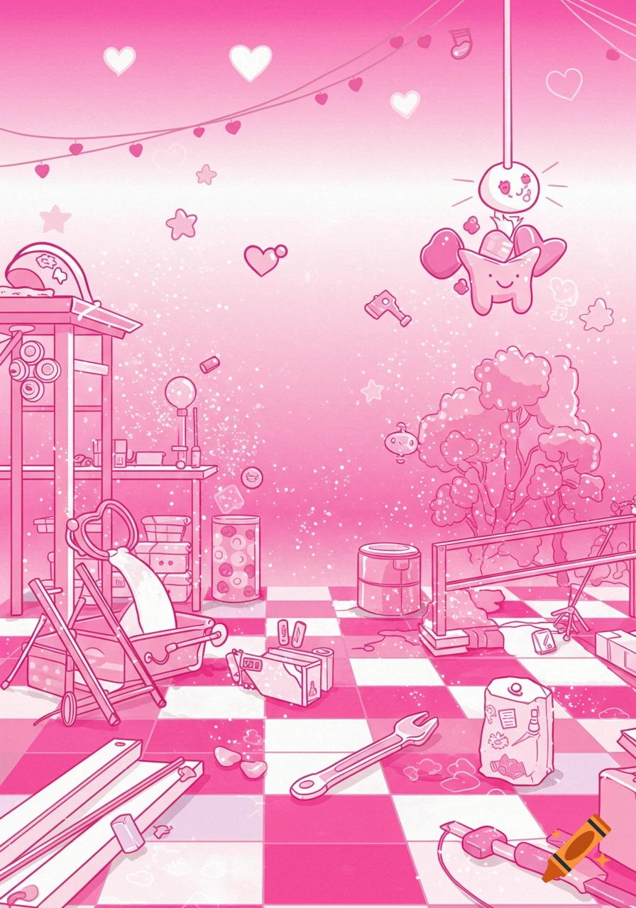 Cute pink illustration of a messy room with hearts, stars, and cartoon objects.
