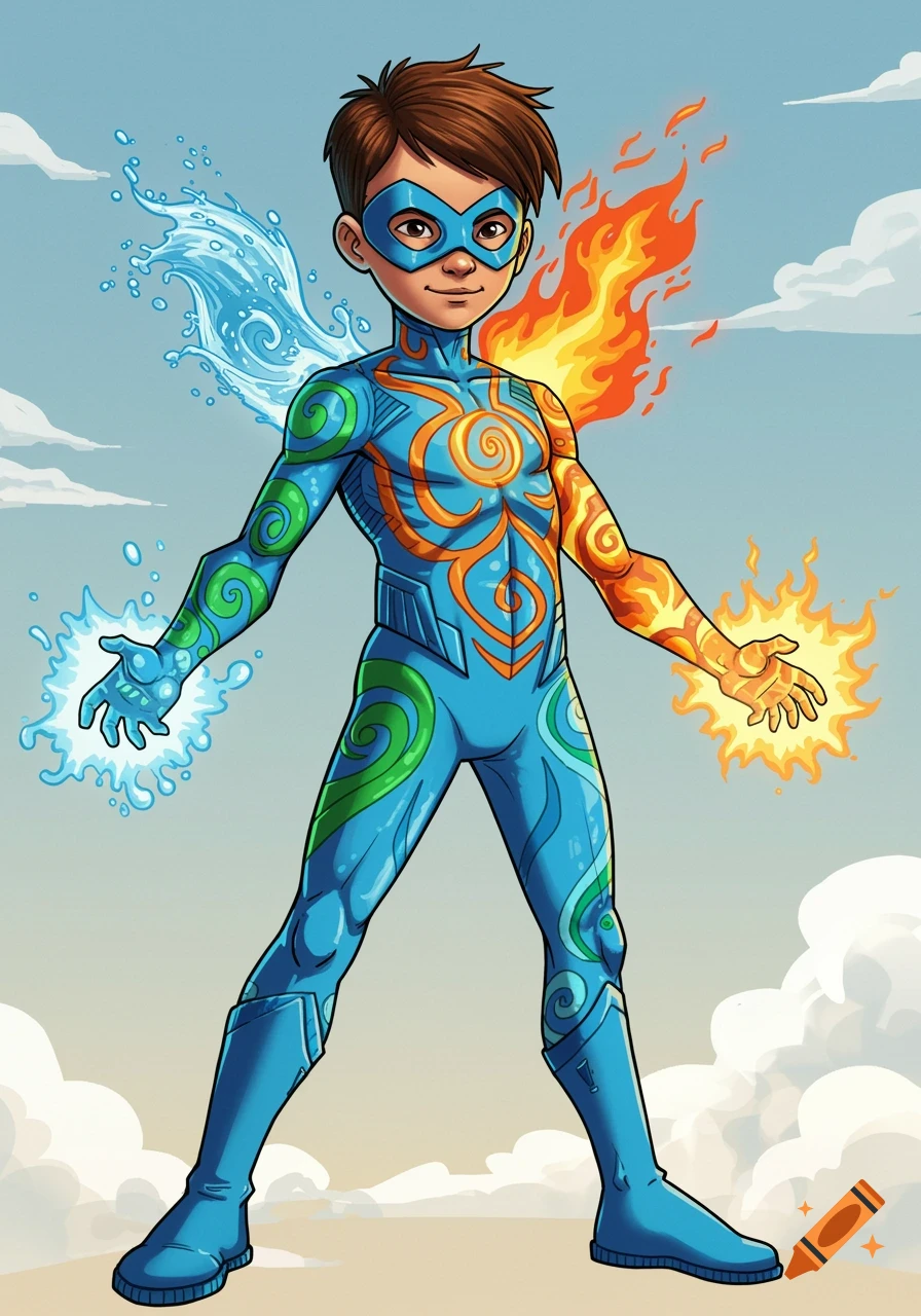 Cartoon illustration of a boy superhero manipulating water and fire