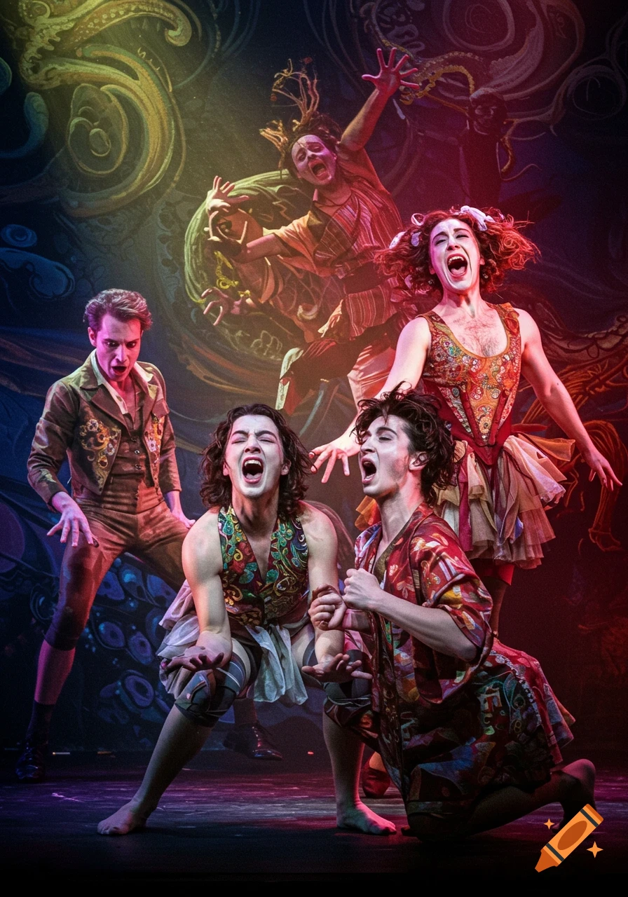 Performers in theatrical costumes on a stage make dramatic poses and expressions.