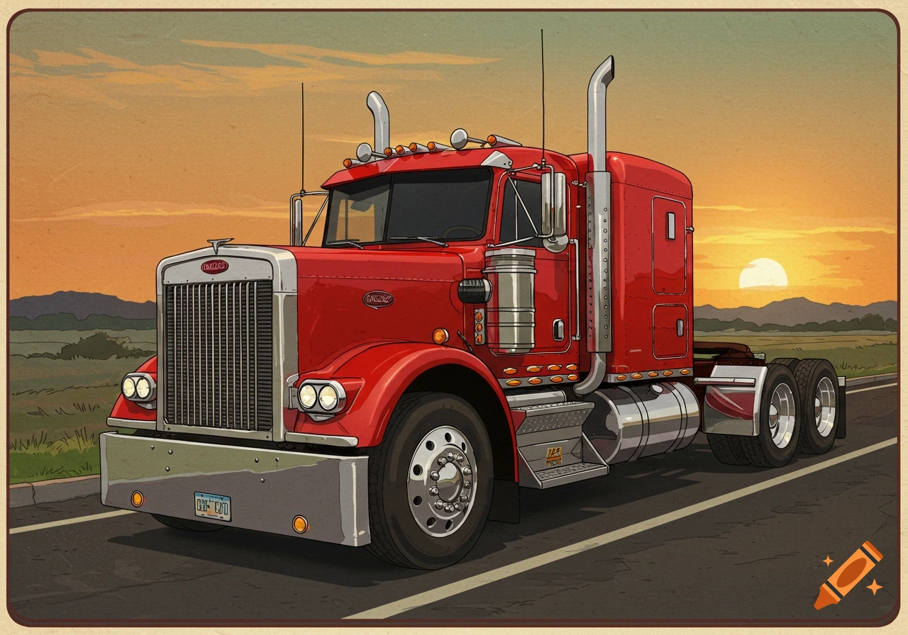 Illustration of a red semi-truck driving on a road at sunset.