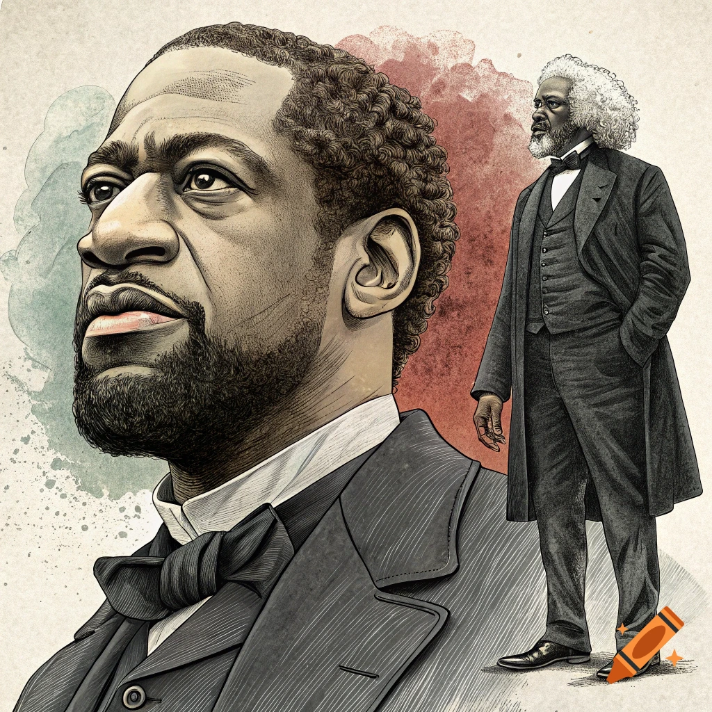 Illustration of George Floyd's profile next to a full-body portrait of Frederick Douglass.