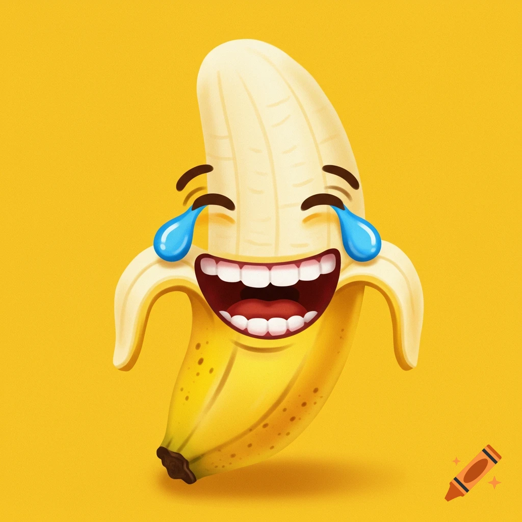 Cartoon illustration of a laughing banana with tears