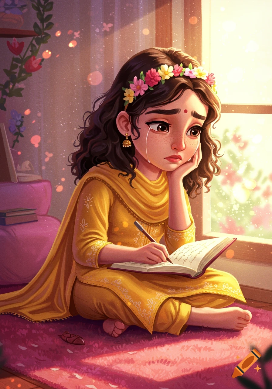Illustration of an Indian girl crying while writing in a diary.