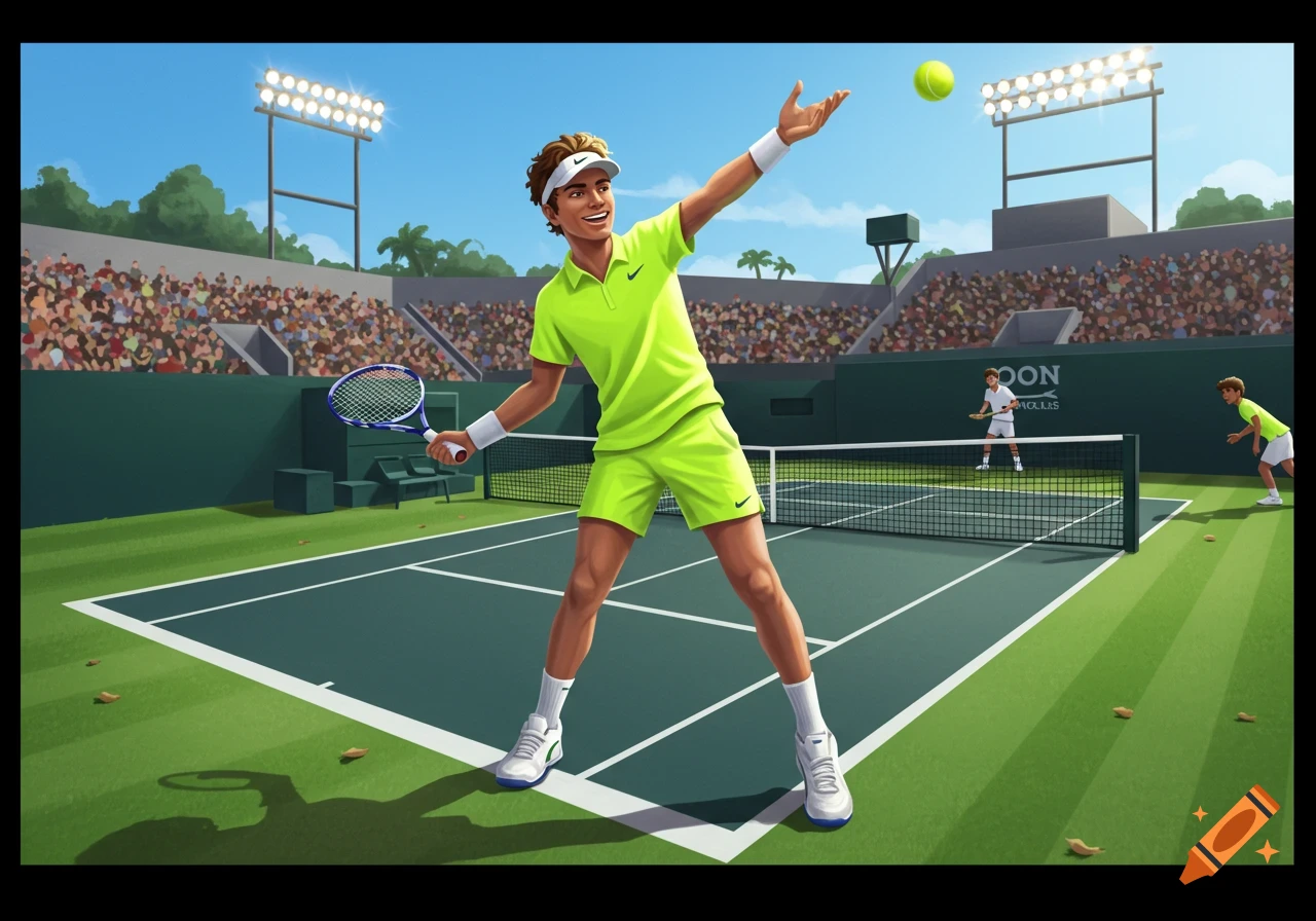 Cartoon illustration of a tennis player serving during a match in a stadium.