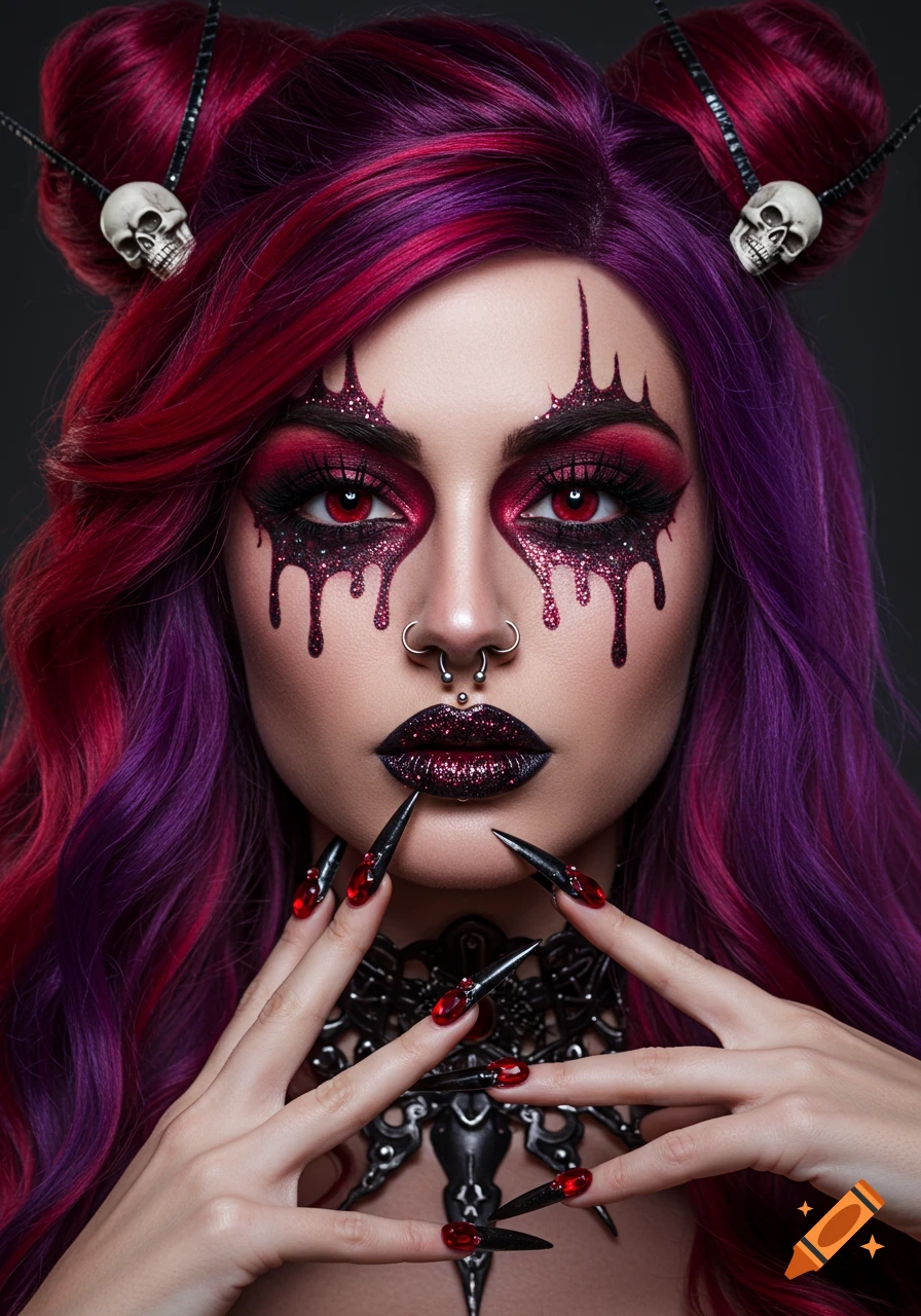 Photorealistic portrait of a woman with gothic makeup, red and purple hair, skull accessories, and long sharp nails.