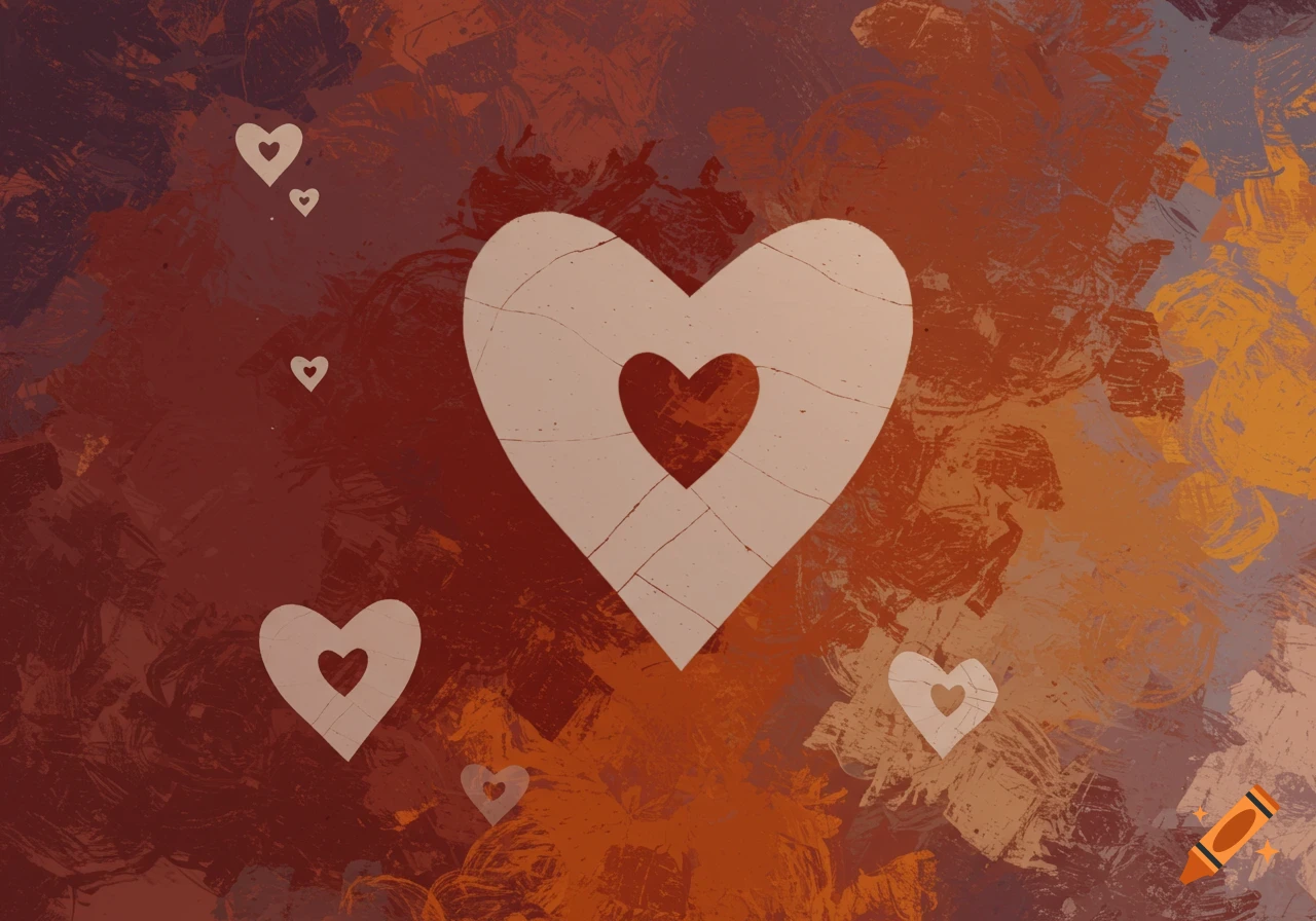 Multiple hearts on an abstract, textured background with warm colors.