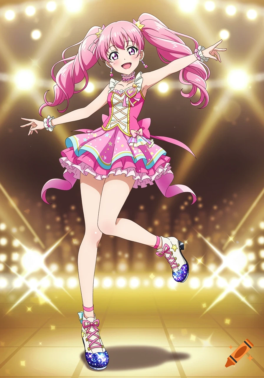 An anime girl with pink pigtails in a sparkly pink dress and starry shoes poses on a brightly lit stage.
