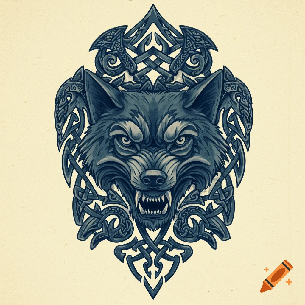 Stylized wolf head with Celtic knot border in a tattoo design.