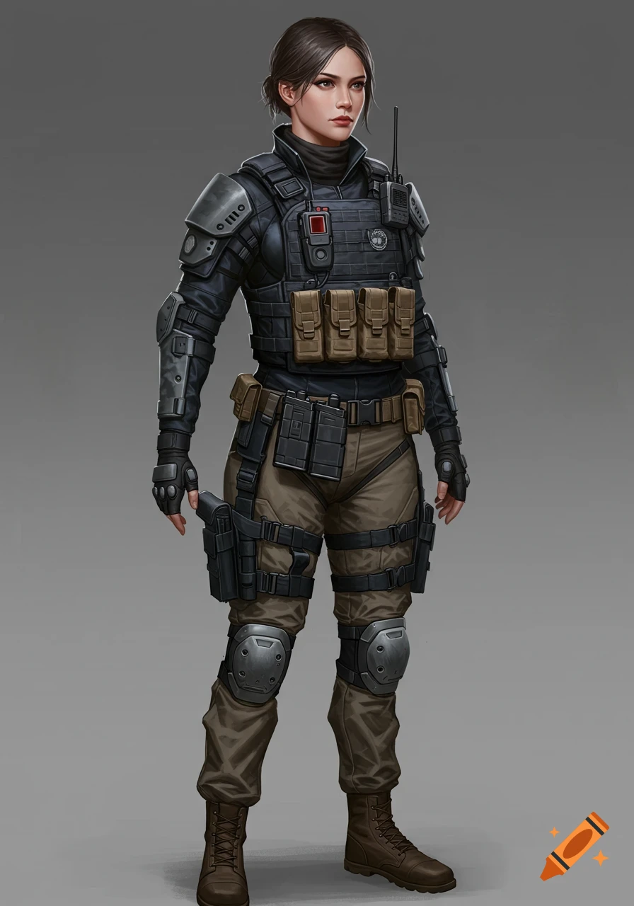 A female character in full tactical gear, including vest, pads, and utility belt, stands facing forward.
