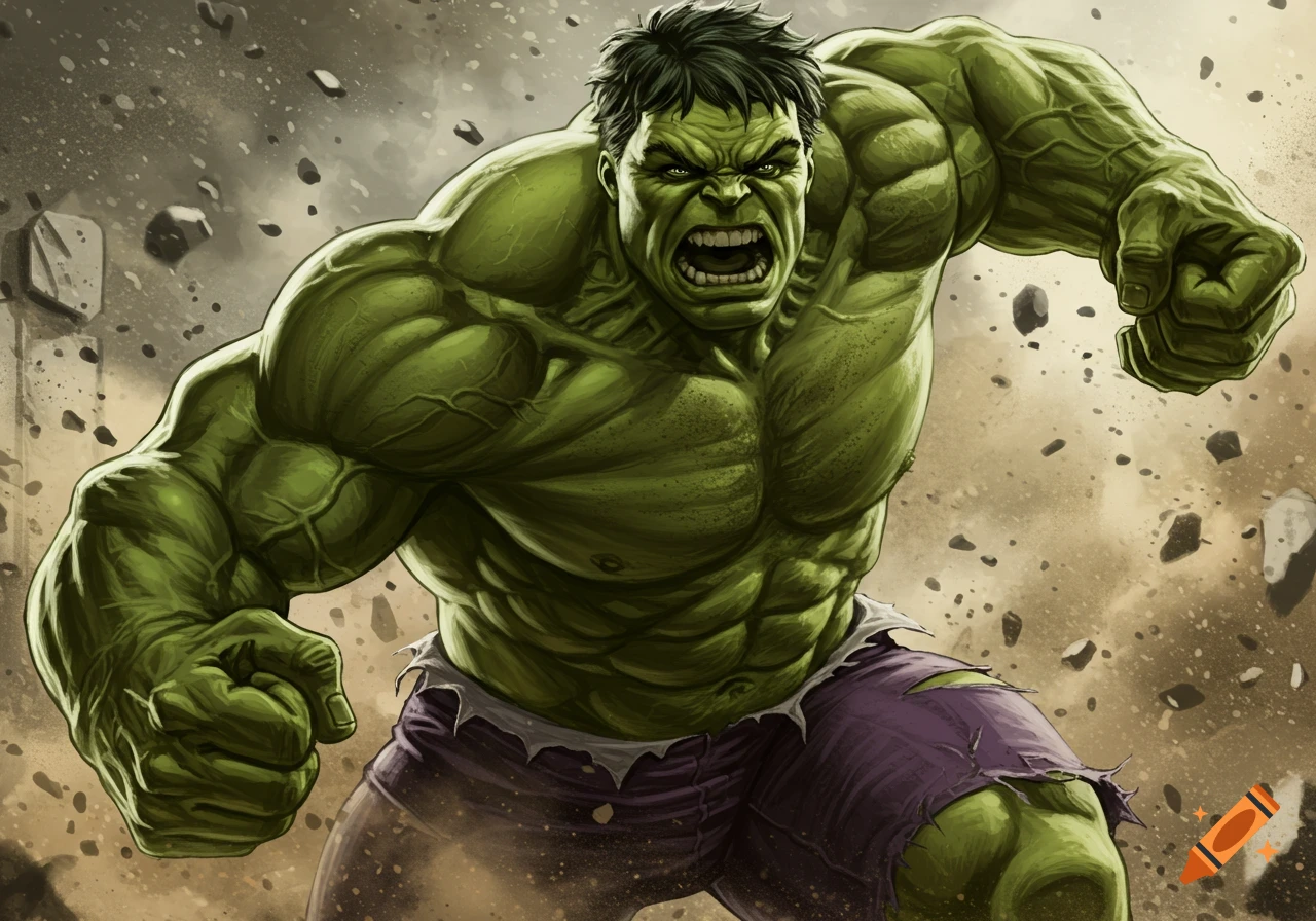 Illustration of the Hulk roaring and punching amidst flying debris.