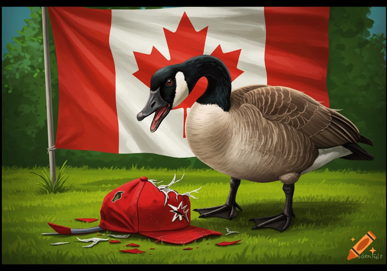An angry Canada goose stands in front of a Canadian flag, looking at a ripped red baseball cap on the grass. Digital painting.
