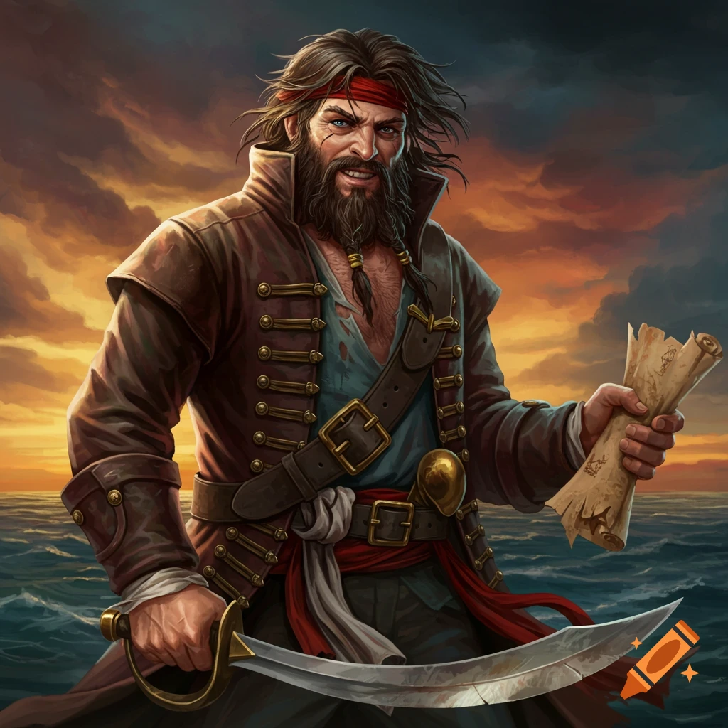 Digital painting of a pirate holding a map and sword with a dramatic sea and sky backdrop.
