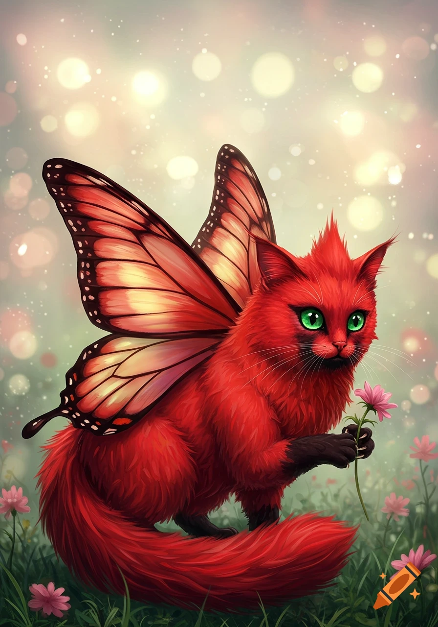 Red cat with butterfly wings holds a pink flower in a meadow.