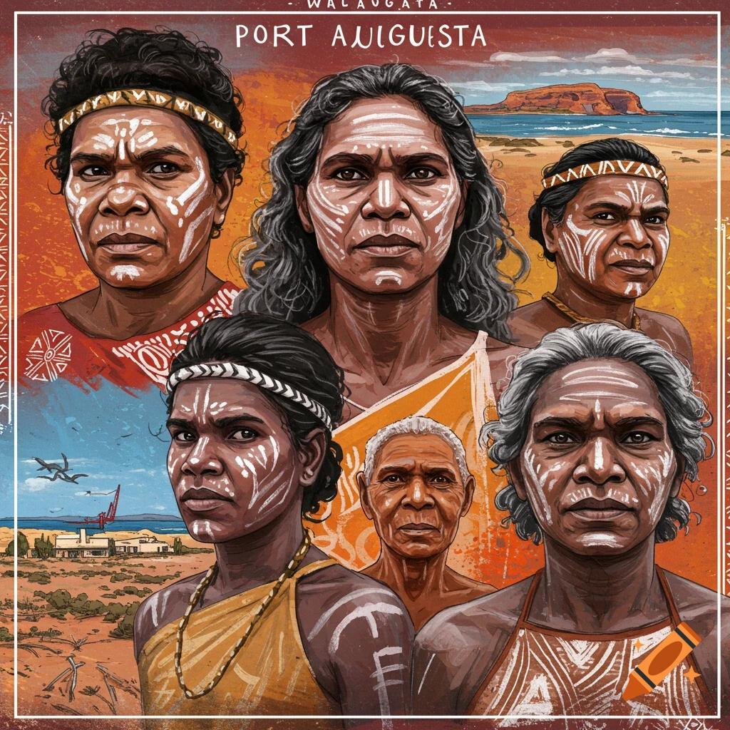 Illustration of Indigenous Australians with body paint against a coastal landscape background.