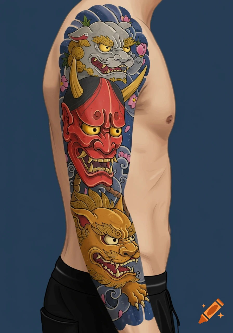 Japanese sleeve tattoo on an arm with an Oni mask, two mythical creatures, waves, and flowers.