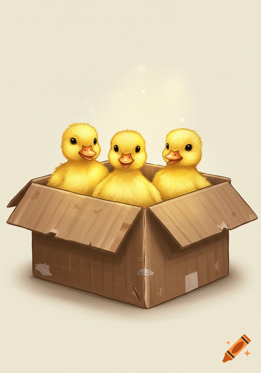 Three cute yellow ducklings sit in a cardboard box. Digital illustration.