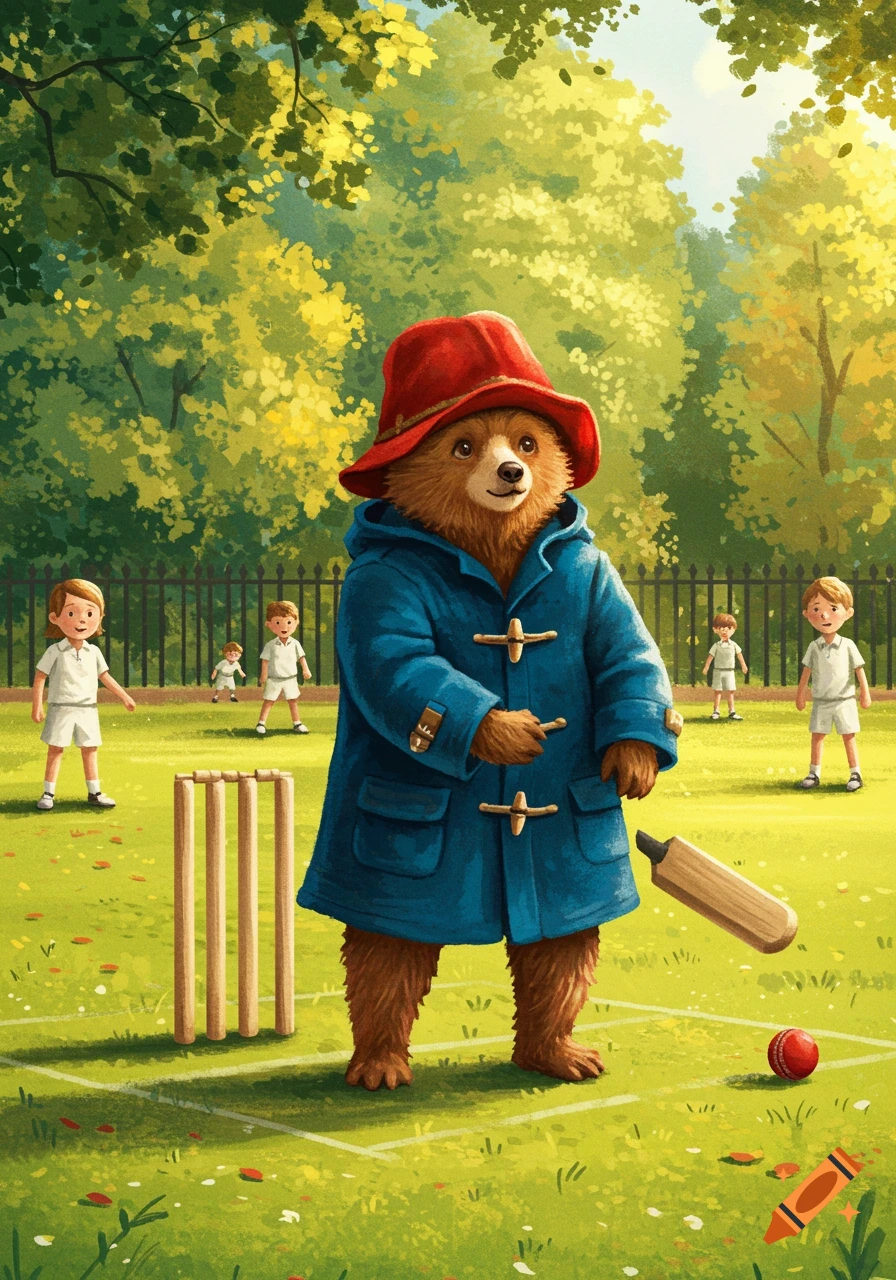 Paddington Bear plays cricket with a bat and ball on a pitch with children.
