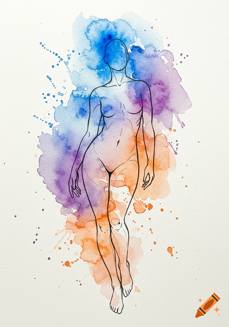 Watercolor outline of a human figure with blue, purple, and orange splashes.