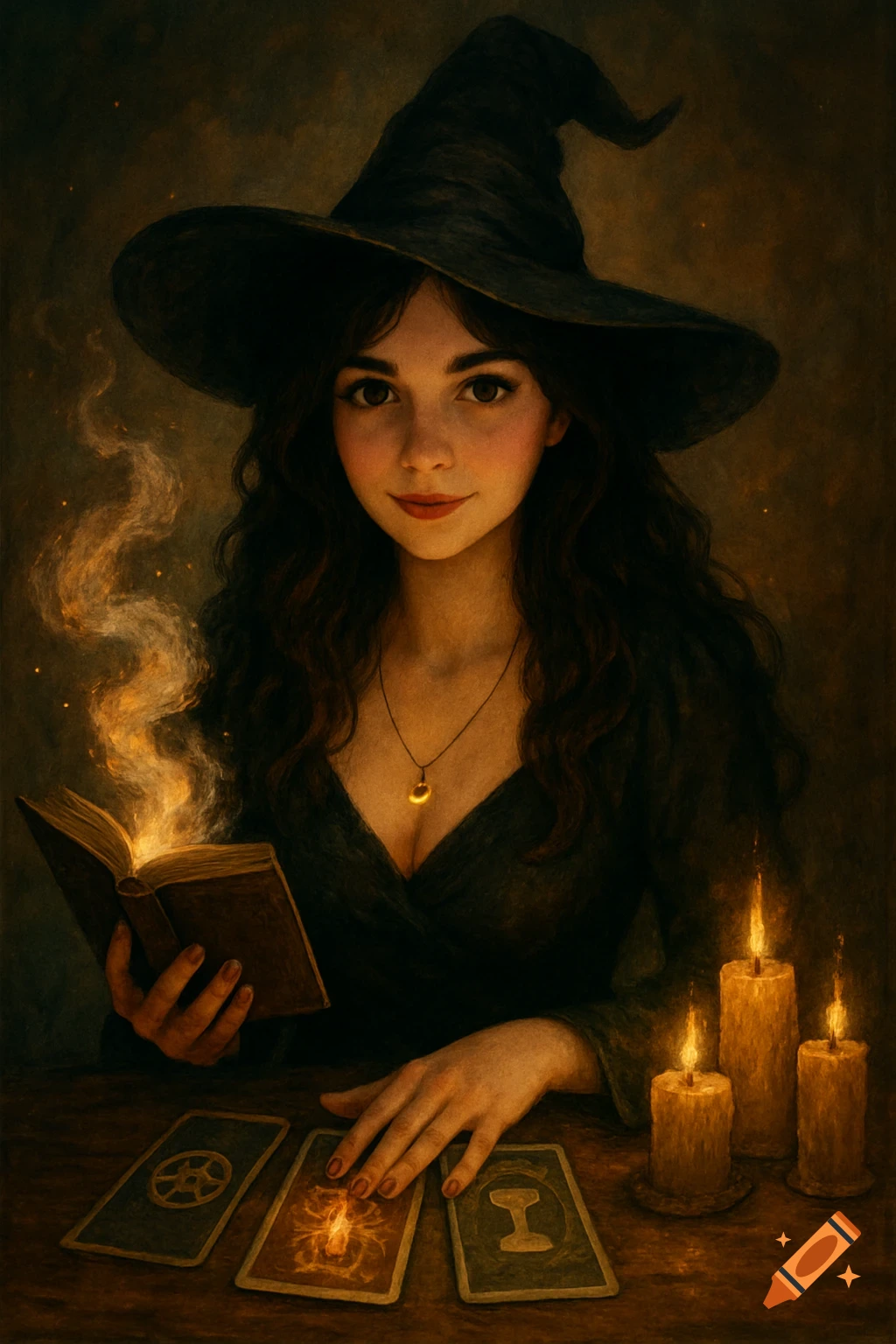 A young woman in a witch hat holds a glowing magic book and reads tarot cards by candlelight. Painterly style.