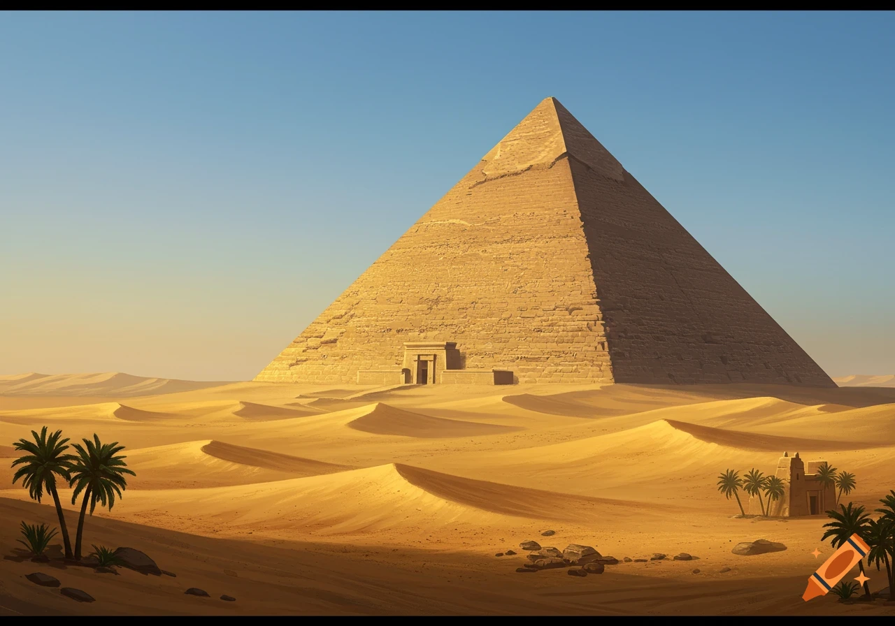 An illustration of a massive pyramid surrounded by sand dunes and palm trees under a clear sky.