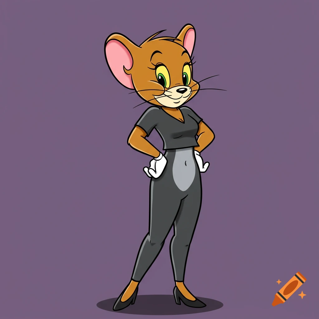 Cartoon cat character in black top and grey pants striking a sassy pose.