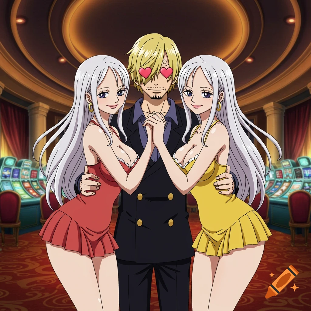Sanji with heart eyes holding hands with two white-haired women in short dresses in a casino, anime style.