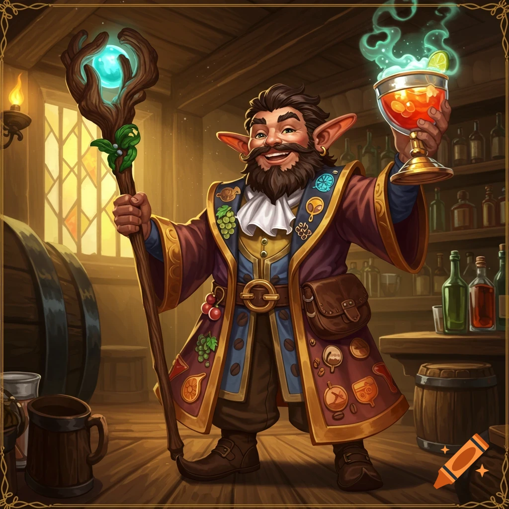 A fantasy character, a smiling bearded dwarf or gnome wizard, holds a glowing staff and a steaming cocktail in a tavern.