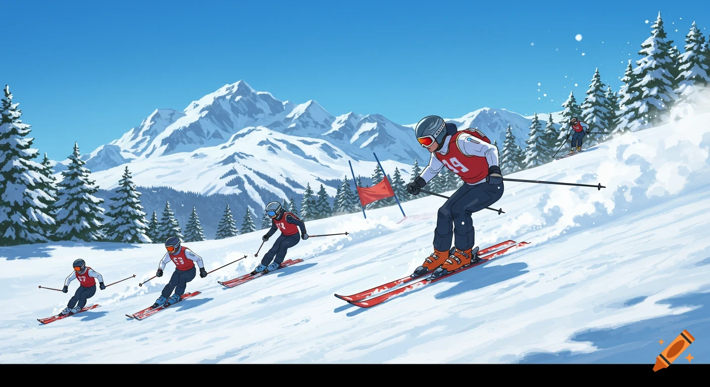 Multiple skiers race down a snowy mountain slope in an anime style.