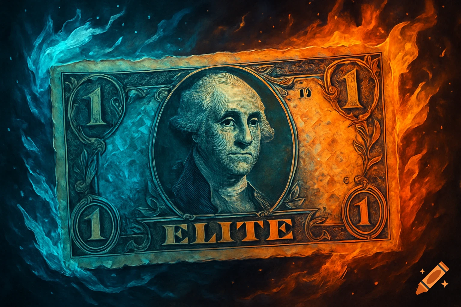 A dollar bill with George Washington is surrounded by blue ice and orange flames in a fantasy art style.