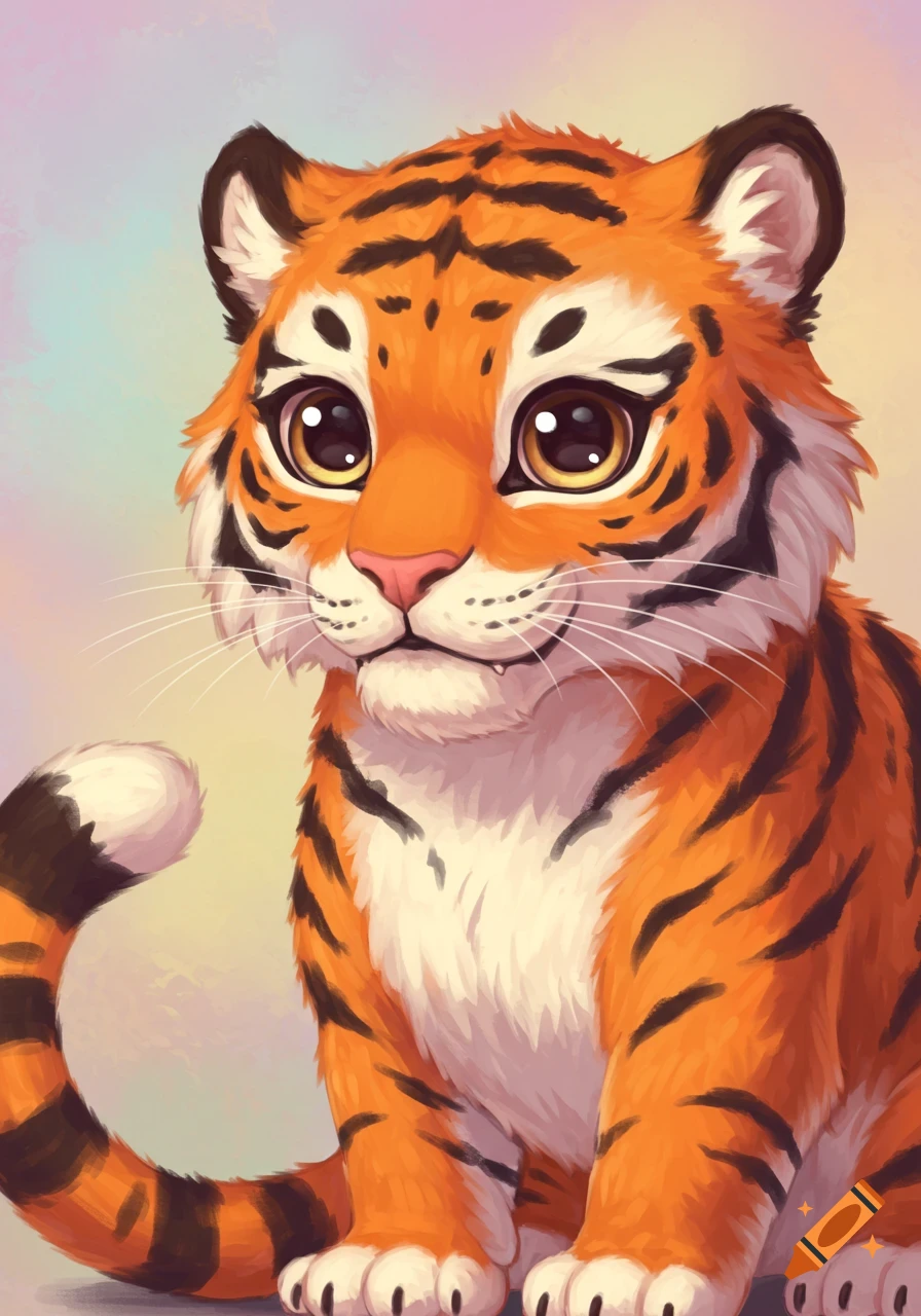 Cute cartoon illustration of a baby tiger with big eyes.