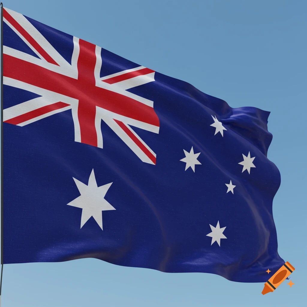 Australian flag waving against a blue sky