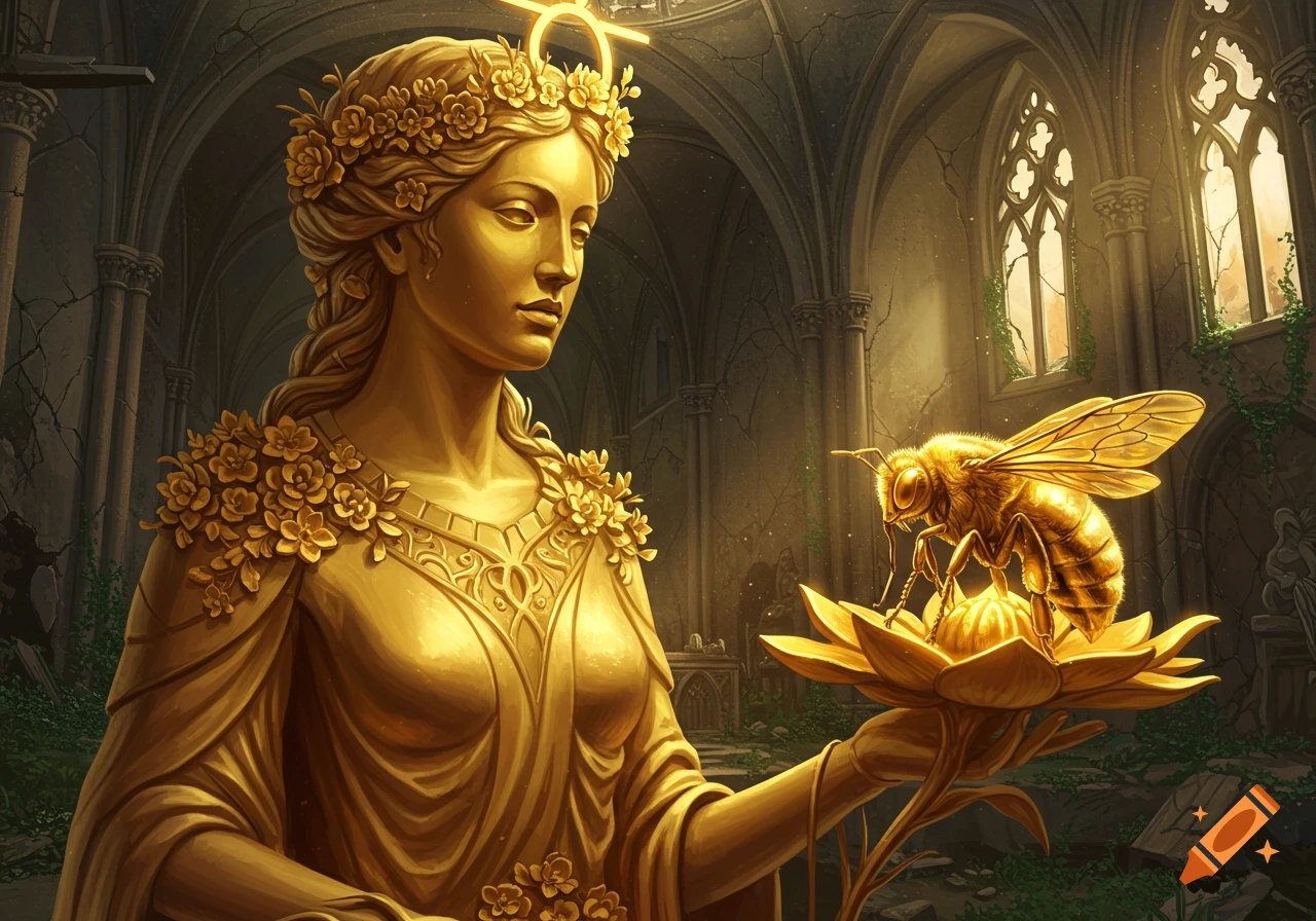 Golden statue of a woman holding a golden flower with a golden bee in a crumbling monastery.