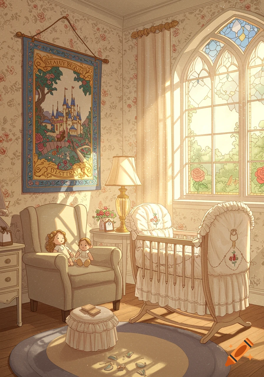 Cozy nursery room with a crib, armchair, dolls, and a castle tapestry, sunlit through a large window.