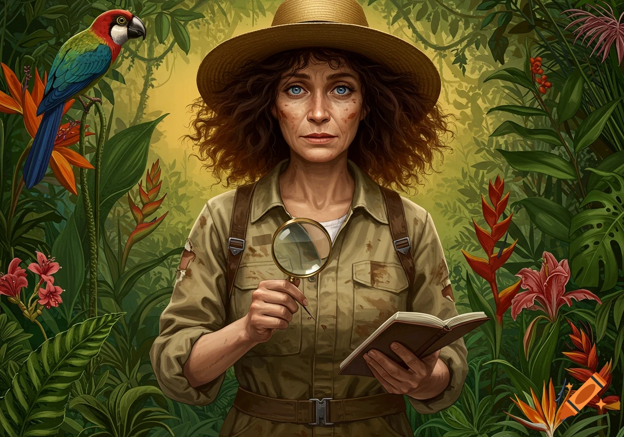 A woman explorer holds a magnifying glass and a book in a lush jungle with plants and a bird.